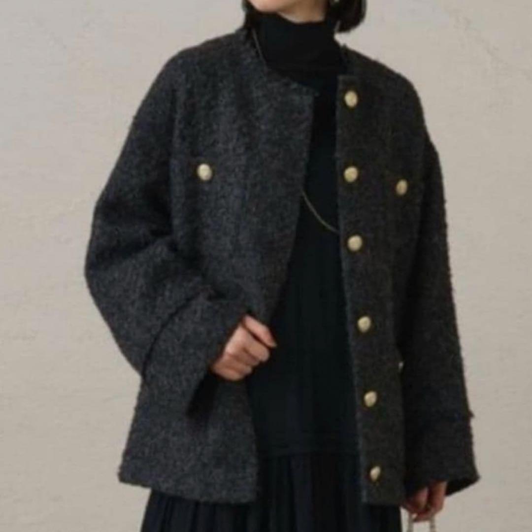ラウンジドレス　ノーカラーツイードジャケット　金ボタン　グレー×ブラック