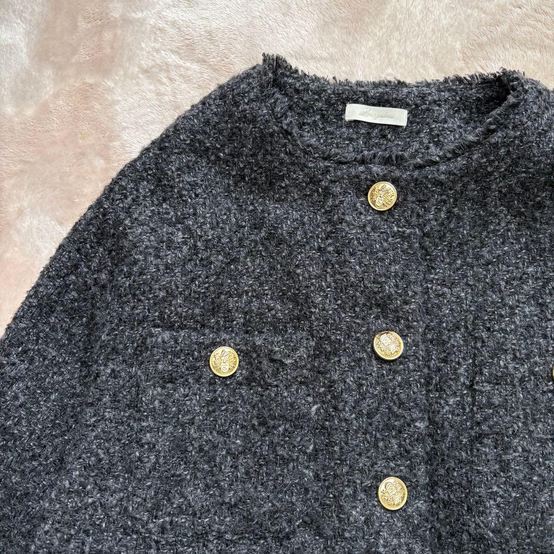 ラウンジドレス　ノーカラーツイードジャケット　金ボタン　グレー×ブラック