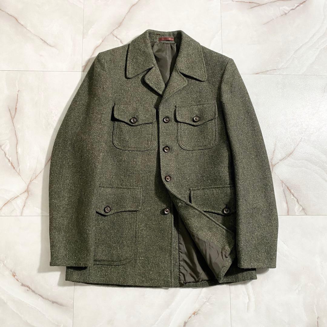 T18548 Dunn&Co 90s ウールツイードサファリジャケット 緑012