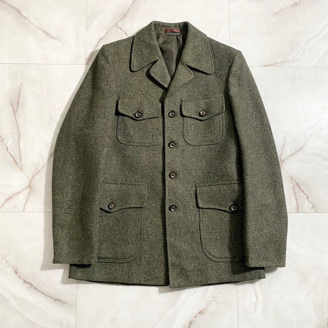 T18548 Dunn&Co 90s ウールツイードサファリジャケット 緑012