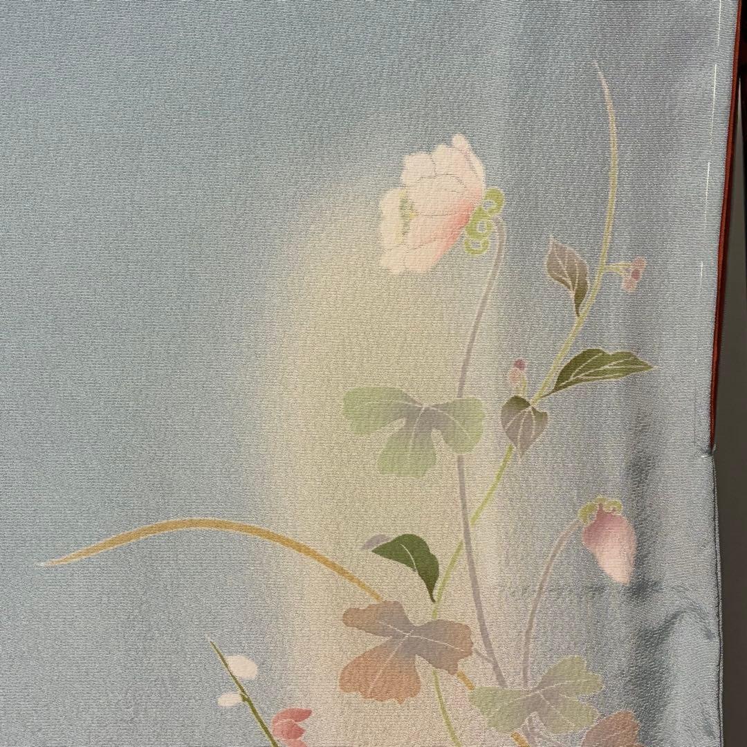 D227訪問着　手描き友禅　水色　花模様　正絹着物　袷　しつけ糸付き未使用極美品