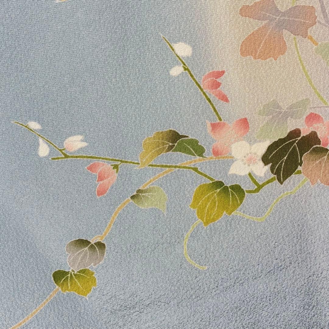 D227訪問着　手描き友禅　水色　花模様　正絹着物　袷　しつけ糸付き未使用極美品