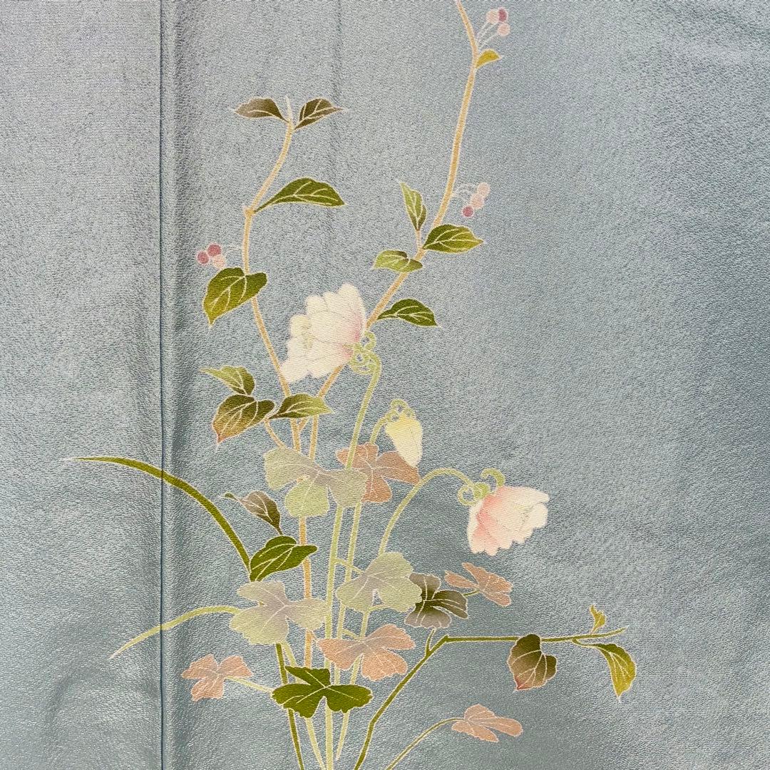 D227訪問着　手描き友禅　水色　花模様　正絹着物　袷　しつけ糸付き未使用極美品