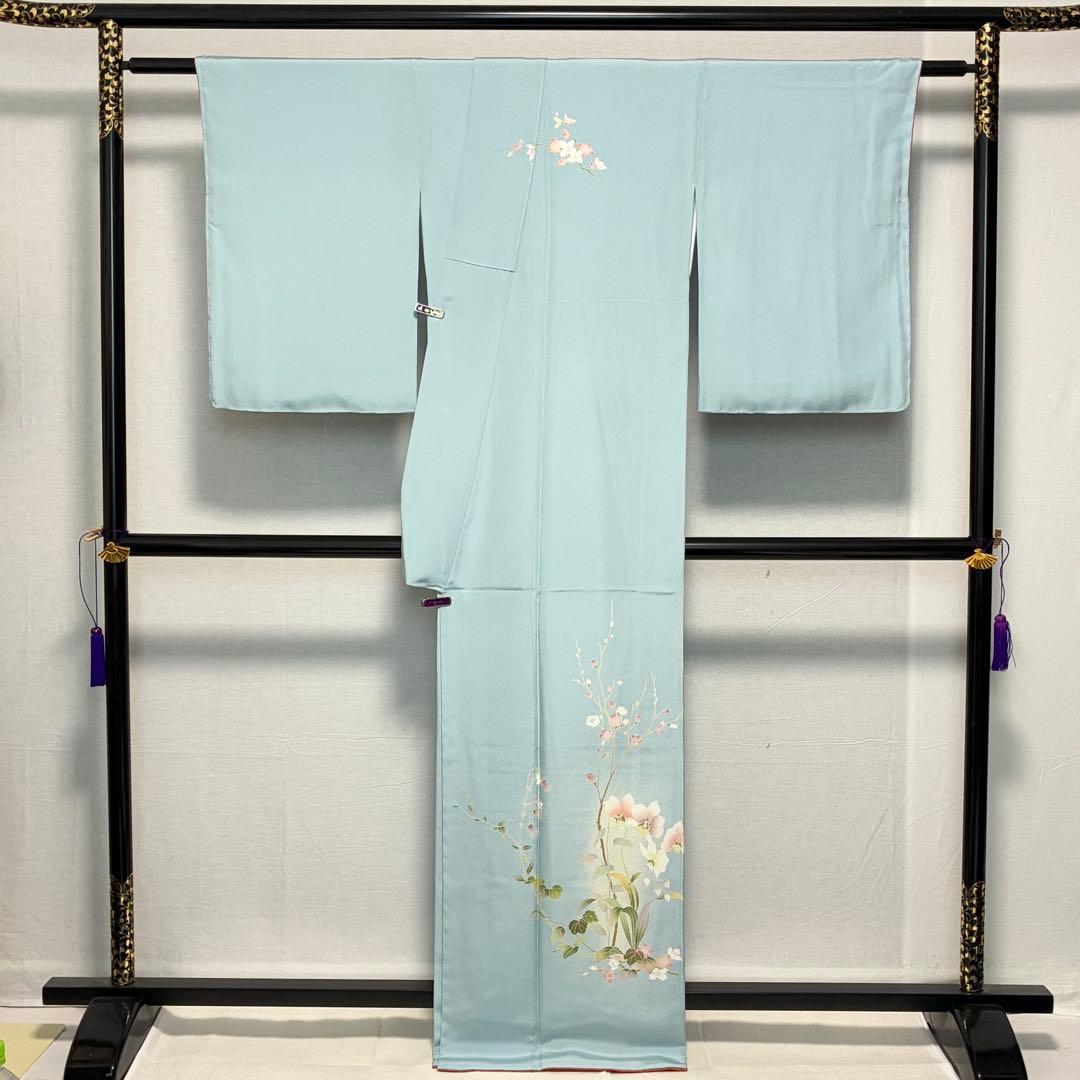 D227訪問着　手描き友禅　水色　花模様　正絹着物　袷　しつけ糸付き未使用極美品