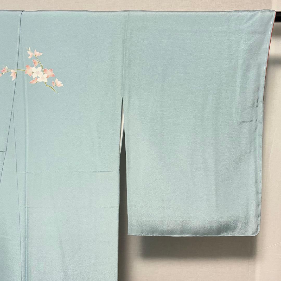 D227訪問着　手描き友禅　水色　花模様　正絹着物　袷　しつけ糸付き未使用極美品