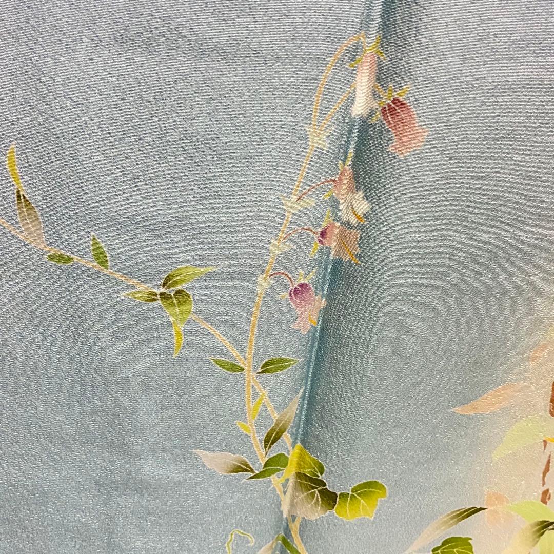 D227訪問着　手描き友禅　水色　花模様　正絹着物　袷　しつけ糸付き未使用極美品