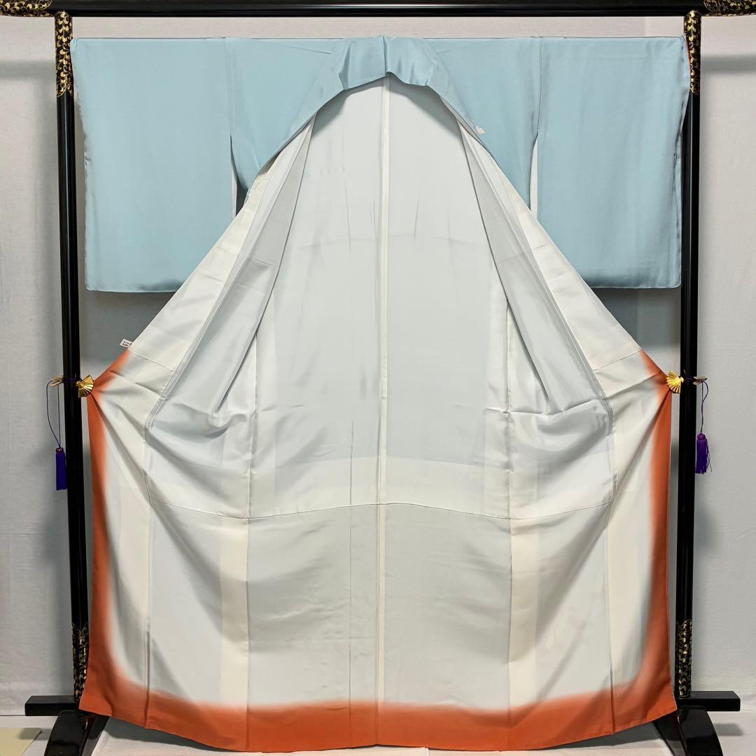 D227訪問着　手描き友禅　水色　花模様　正絹着物　袷　しつけ糸付き未使用極美品