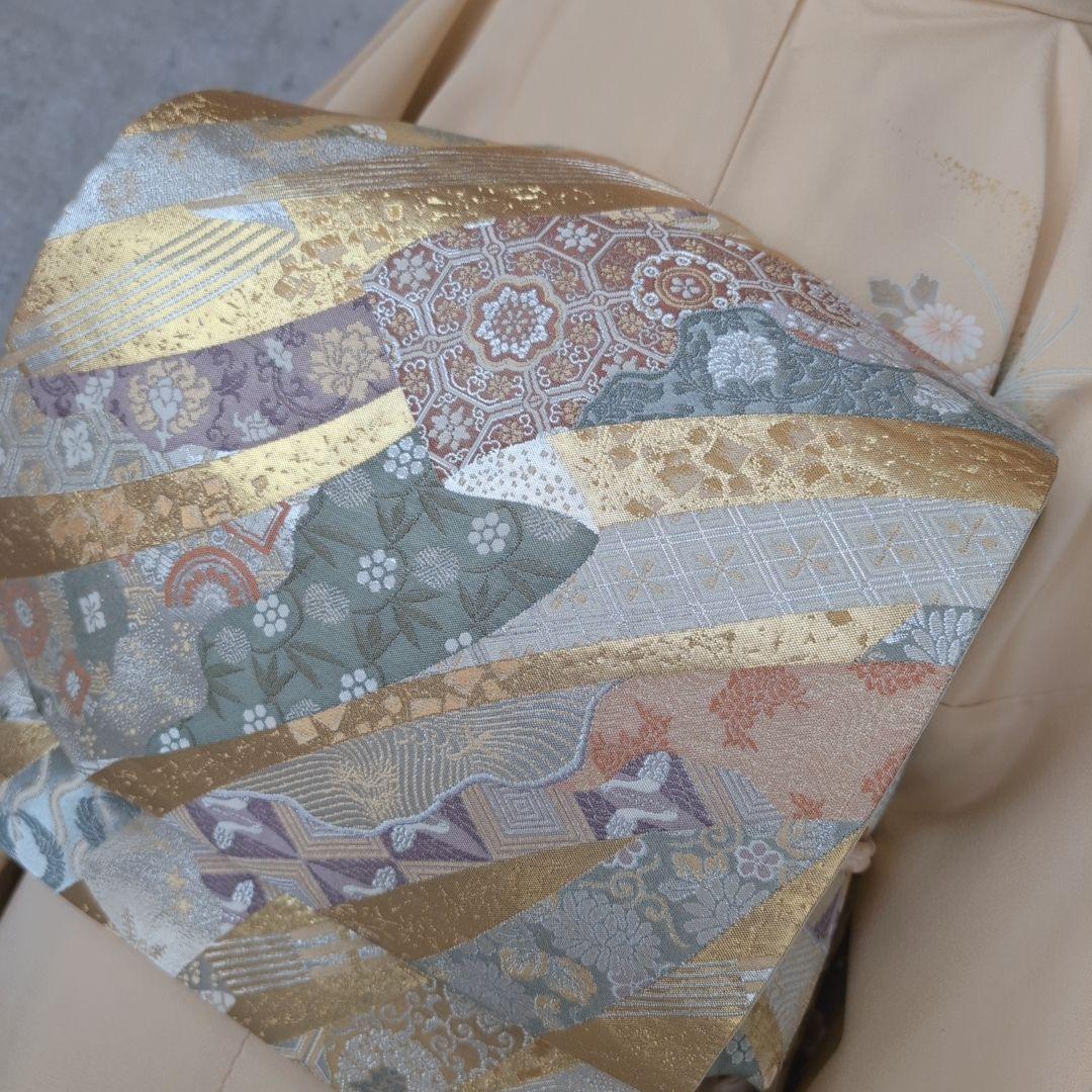 訪問着　フルセット　着物　正絹　金彩加工　鶴草花　金駒刺繍　寿　豪華　O8