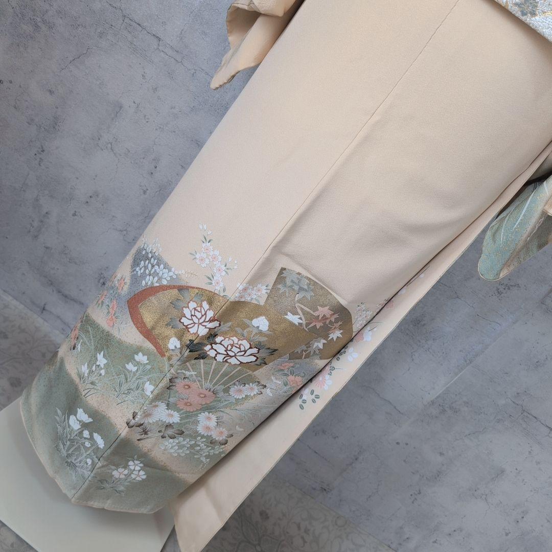 訪問着　フルセット　着物　正絹　金彩加工　鶴草花　金駒刺繍　寿　豪華　O8