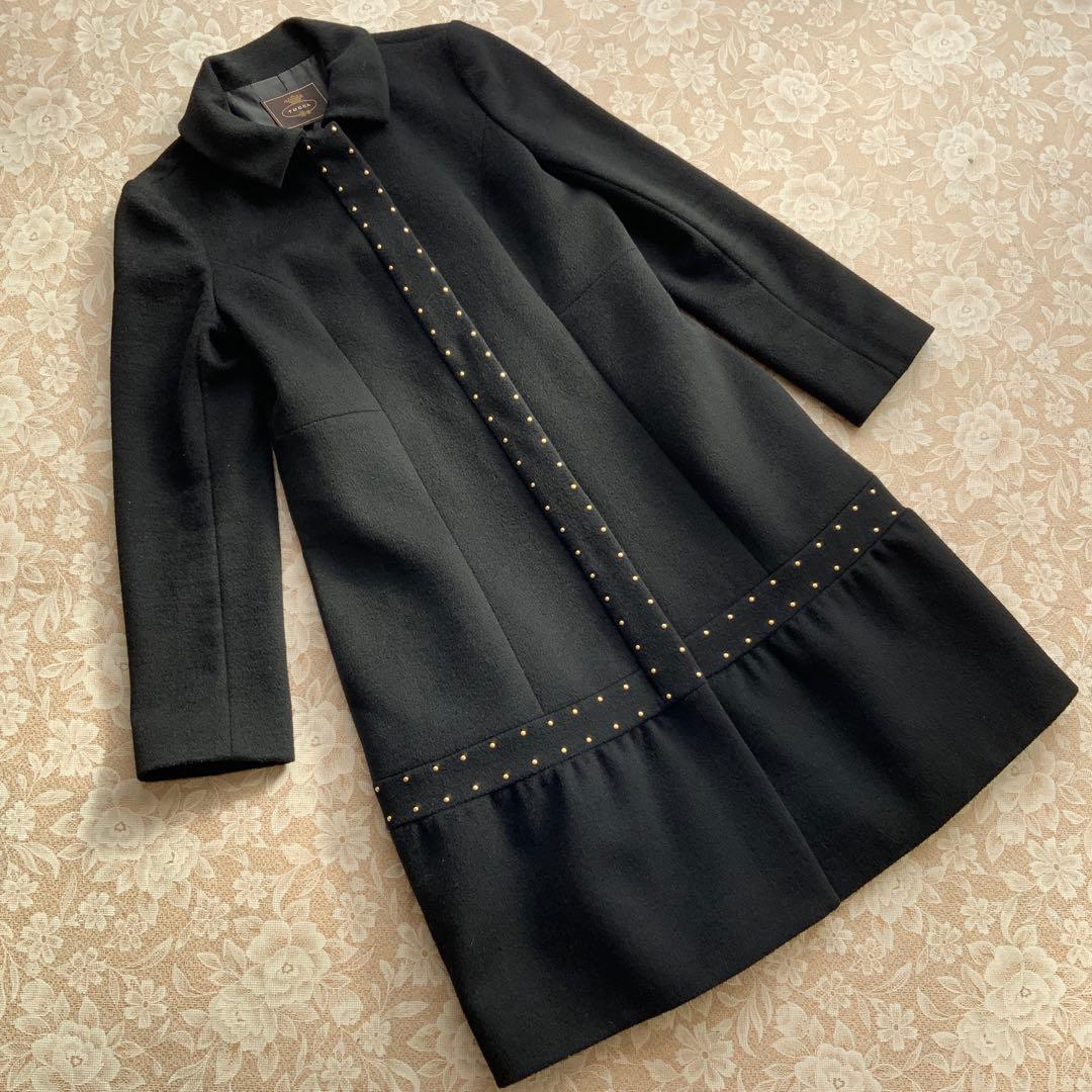 美品　TOCCA トッカ　ウール　スタッズ装飾　ステンカラーロングコート0黒