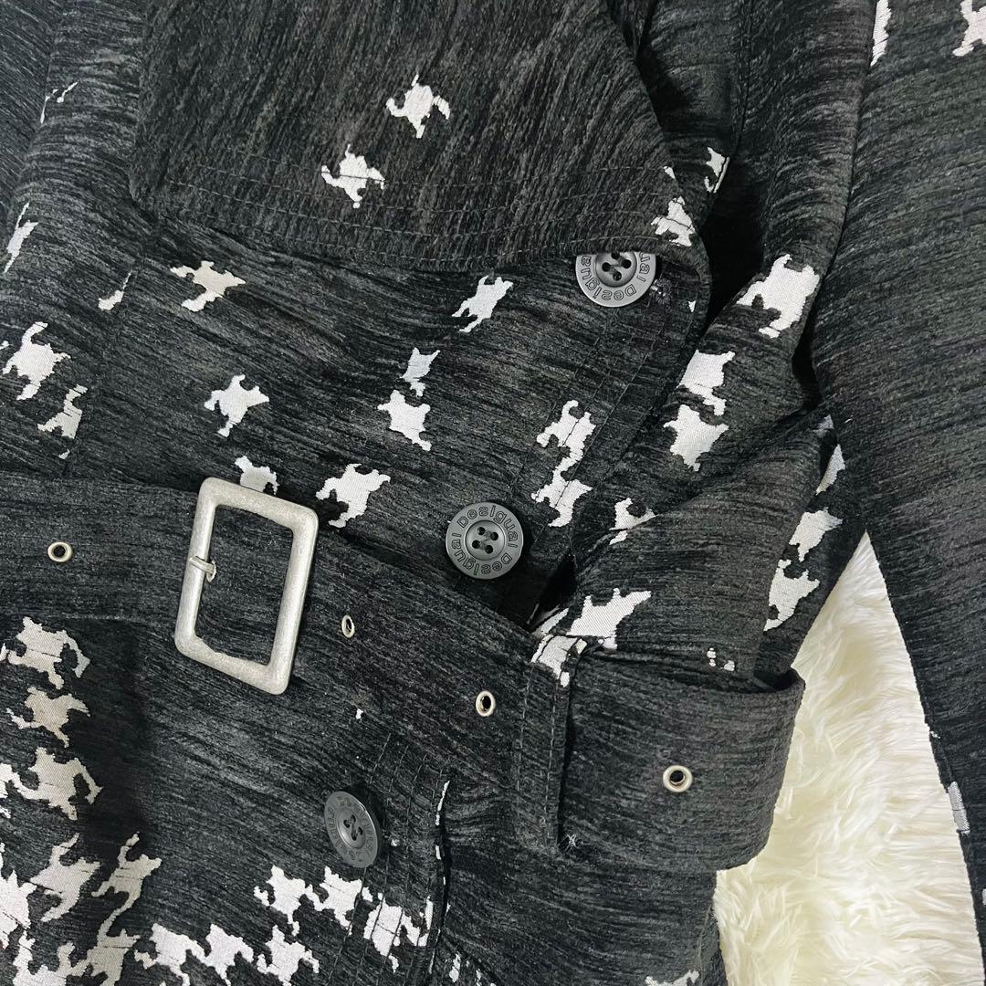美品 デシグアル Desigual 千鳥格子 総柄 ロングコート ベルト 42号