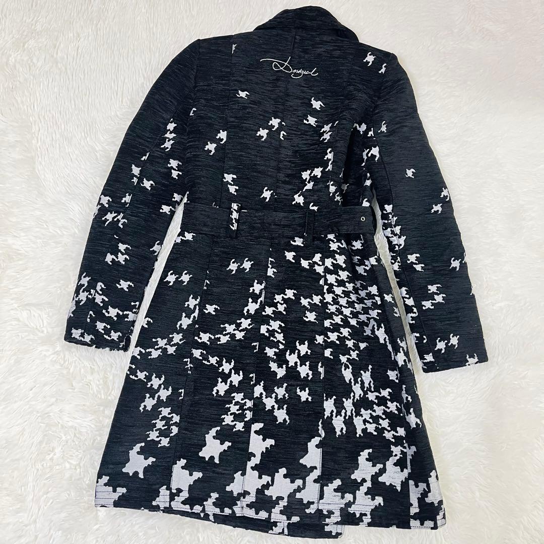 美品 デシグアル Desigual 千鳥格子 総柄 ロングコート ベルト 42号