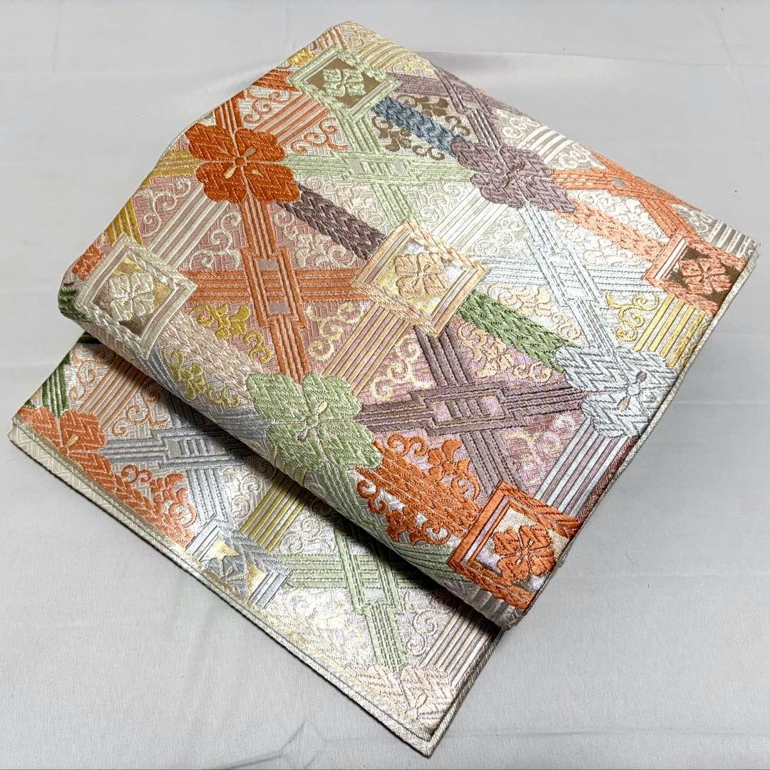 A5 佐賀唐織 蜀江襷地文 華文 銀糸 正絹 六通 袋帯 フォーマル O140