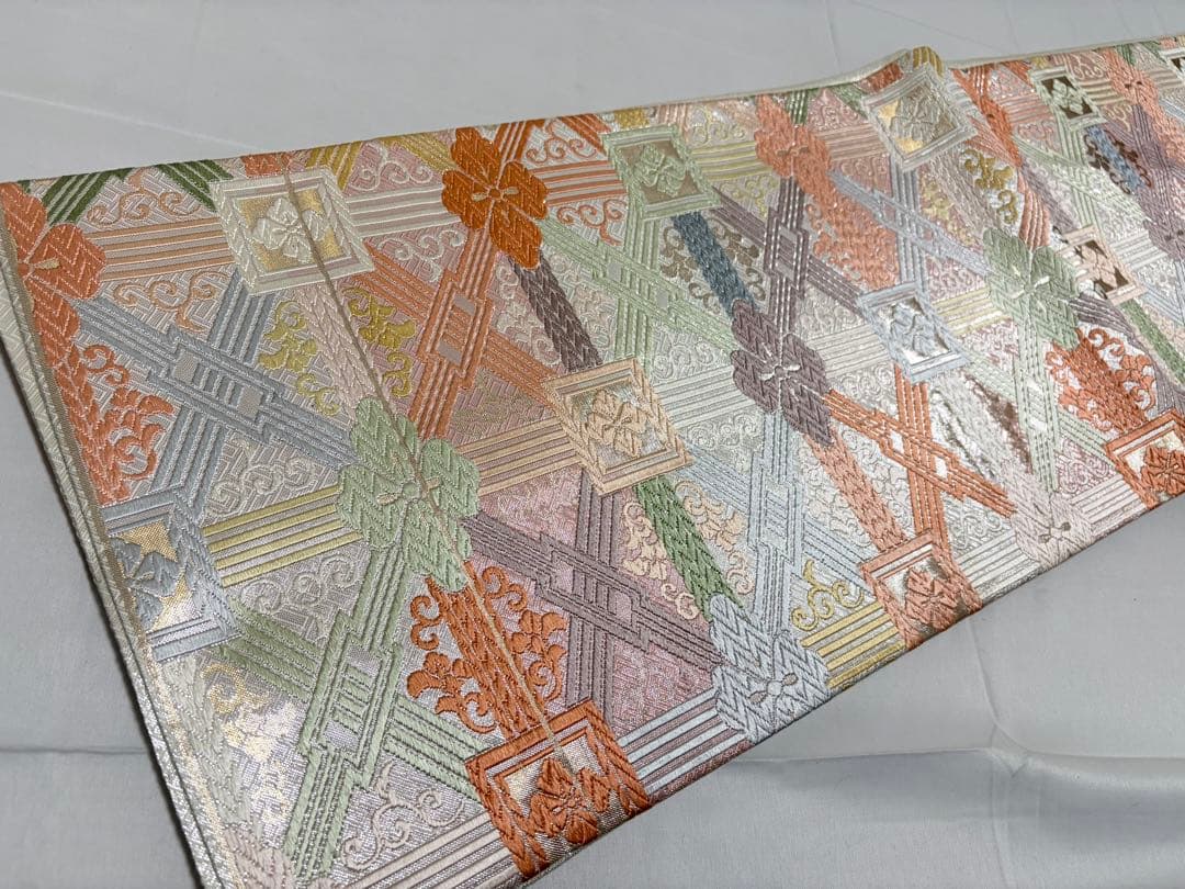 A5 佐賀唐織 蜀江襷地文 華文 銀糸 正絹 六通 袋帯 フォーマル O140