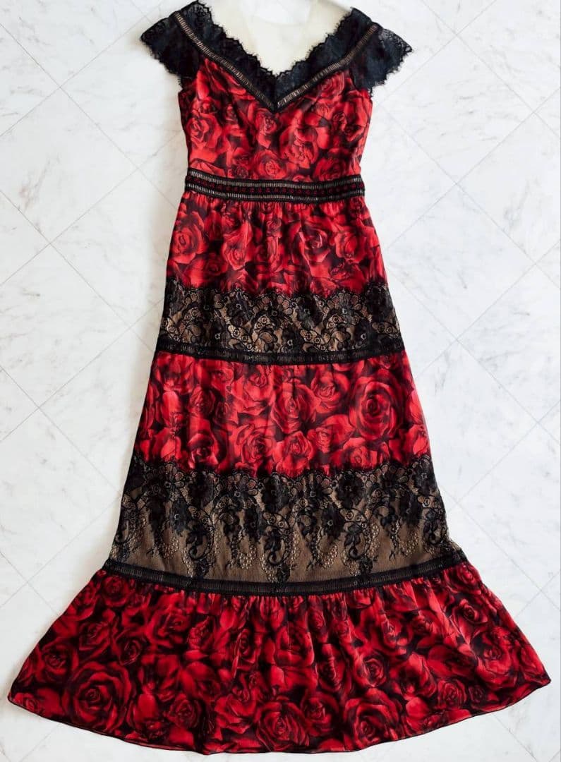 TADASHI SHOJI ローズ レース ロング マキシ ドレス 0