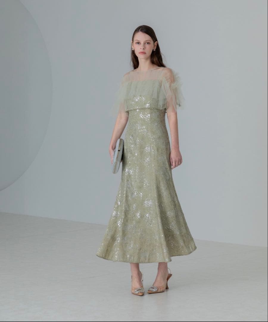 Leja チュールフリルボレロペイントマーメイドドレスワンピース　グリーン　M