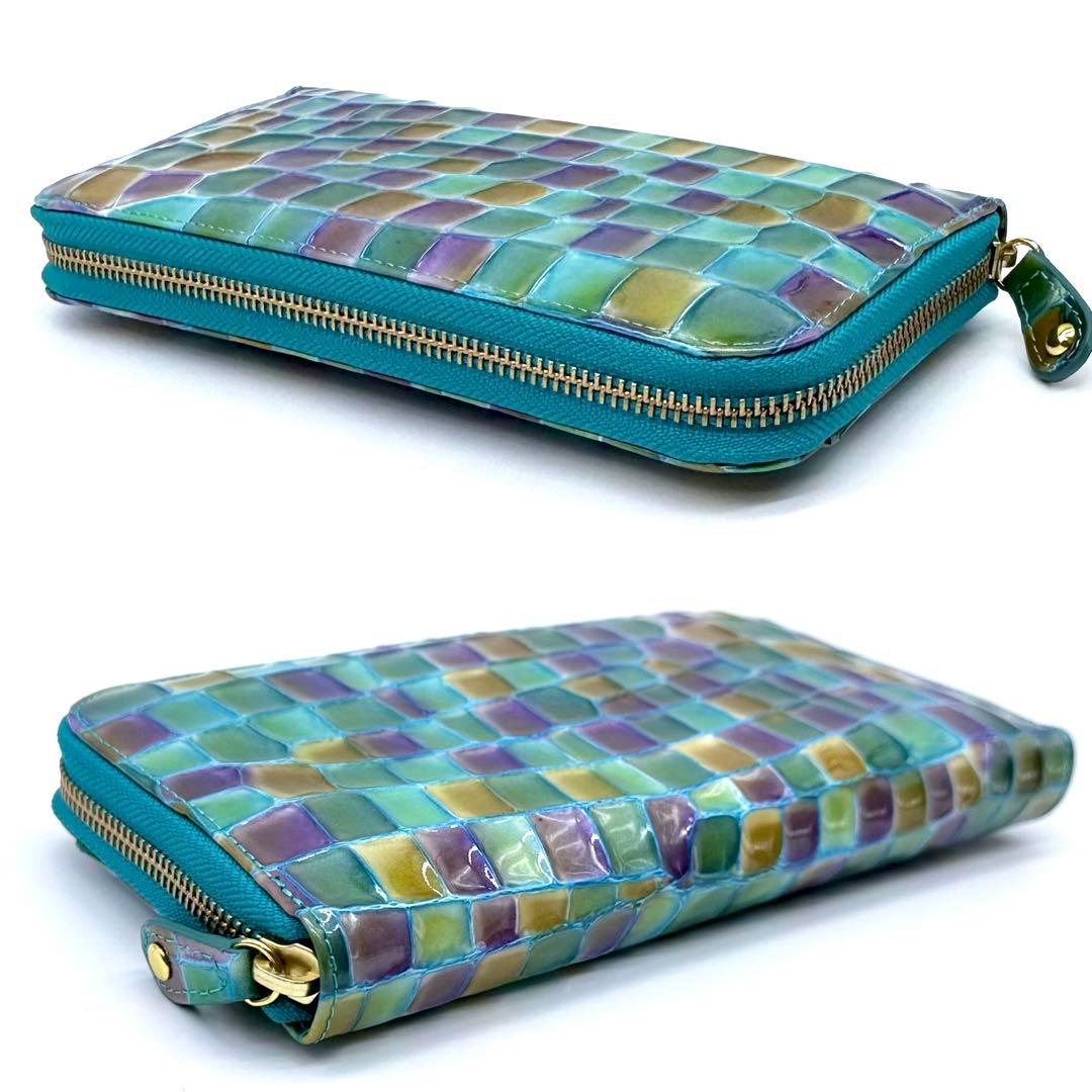 未使用✨モーダプリンチペ ラウンドジップ長財布 クロコ型押し ステンドグラス風