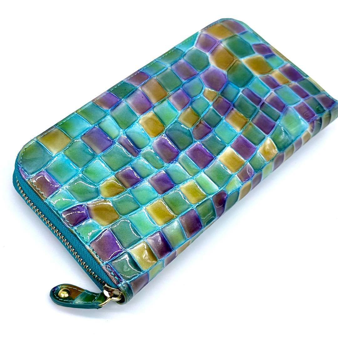 未使用✨モーダプリンチペ ラウンドジップ長財布 クロコ型押し ステンドグラス風