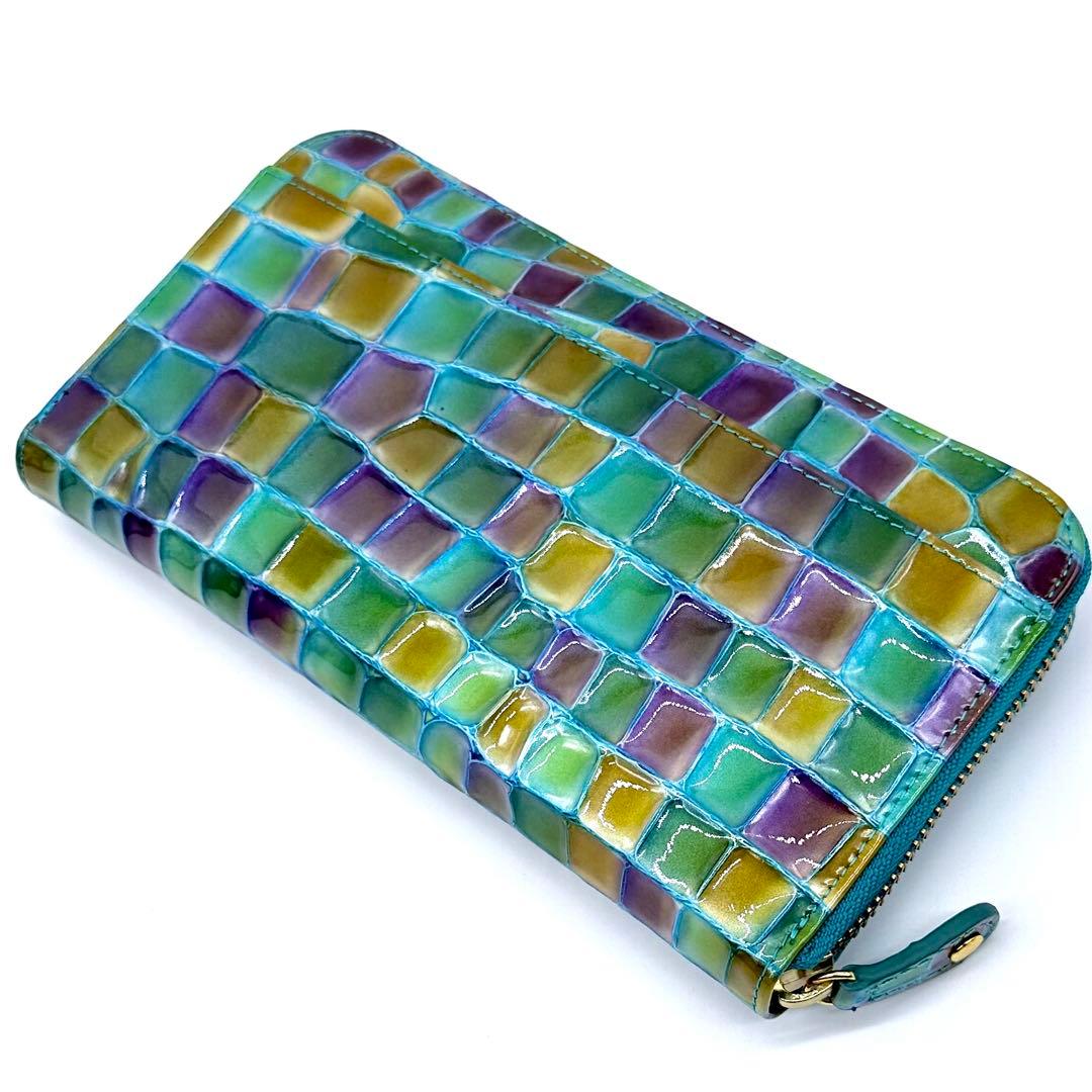 未使用✨モーダプリンチペ ラウンドジップ長財布 クロコ型押し ステンドグラス風