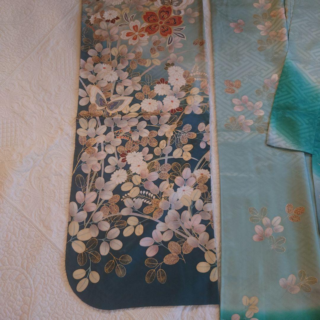 青緑色 花柄 振袖 絹製