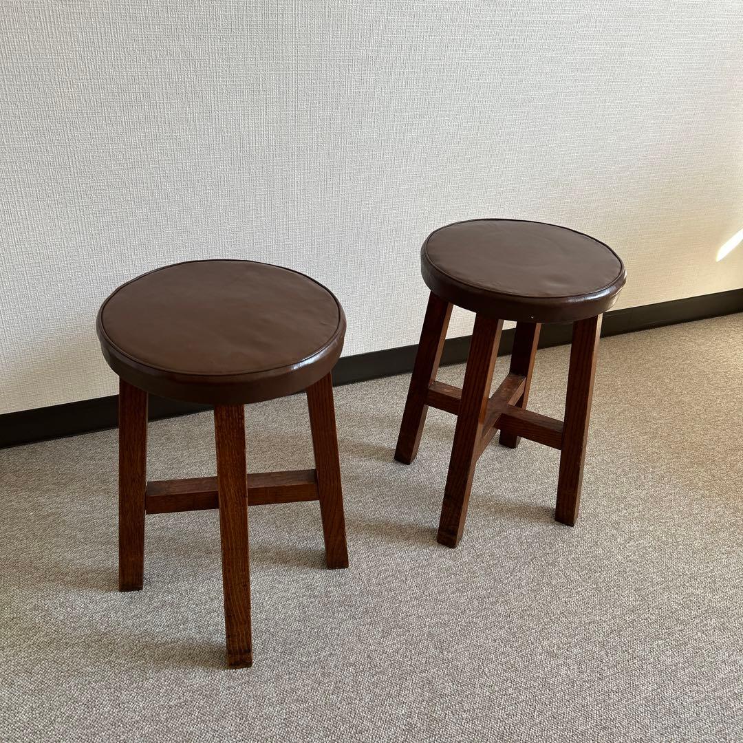 ビンテージ　ブラウン 木製 円形スツール 2個セット　天然木