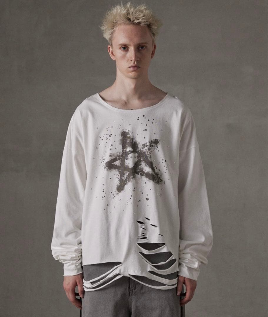 GRANCY ラインストーンデザイン グラフィックダメージ ロンT Sサイズ