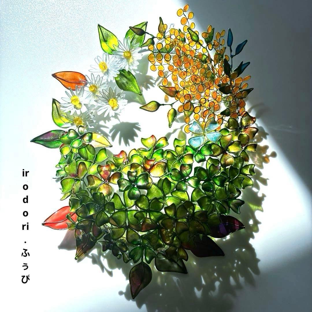 大きな　春いっぱいリース　ワイヤークラフト　ディップアート　壁飾り　アート