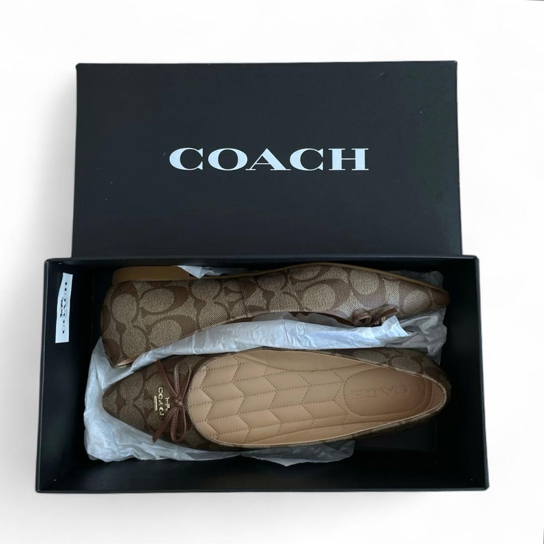 極美品　コーチ　シグネチャー　フラットシューズ　パンプス　リボン　ロゴ　24㎝