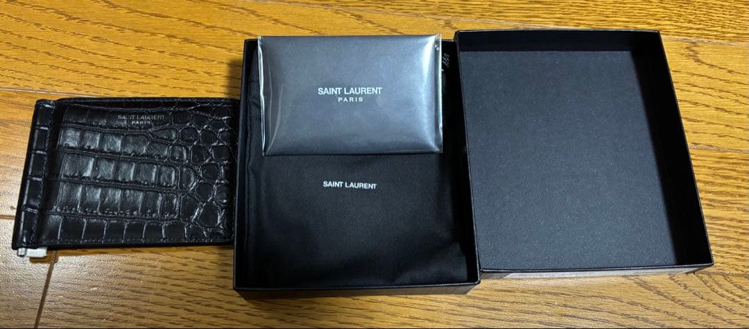 SAINT LAURENT ブラック クロコダイル 二つ折り財布 マネークリップ