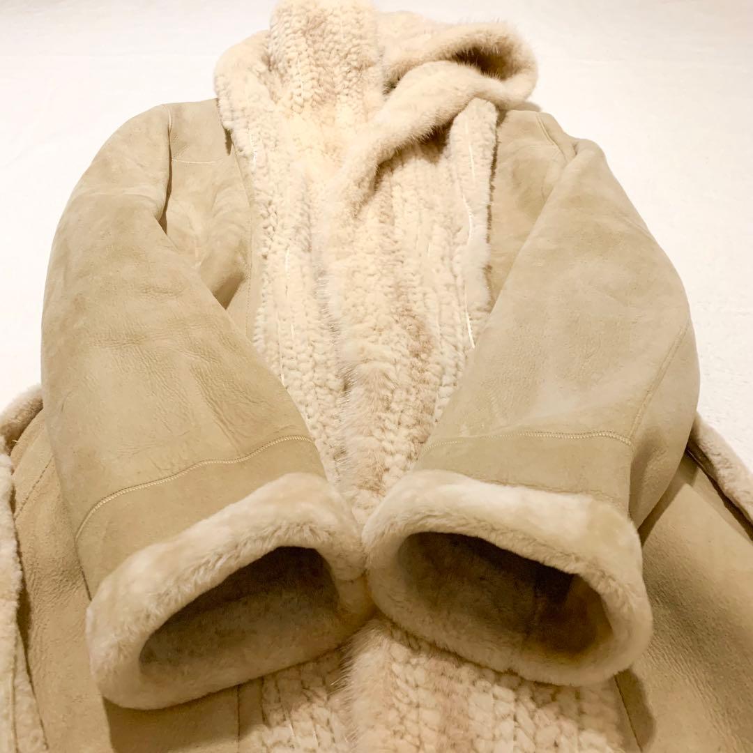 【美品】ノースビーチ リアルムートン ミンク毛皮 フーデッド　コート ベルト付き