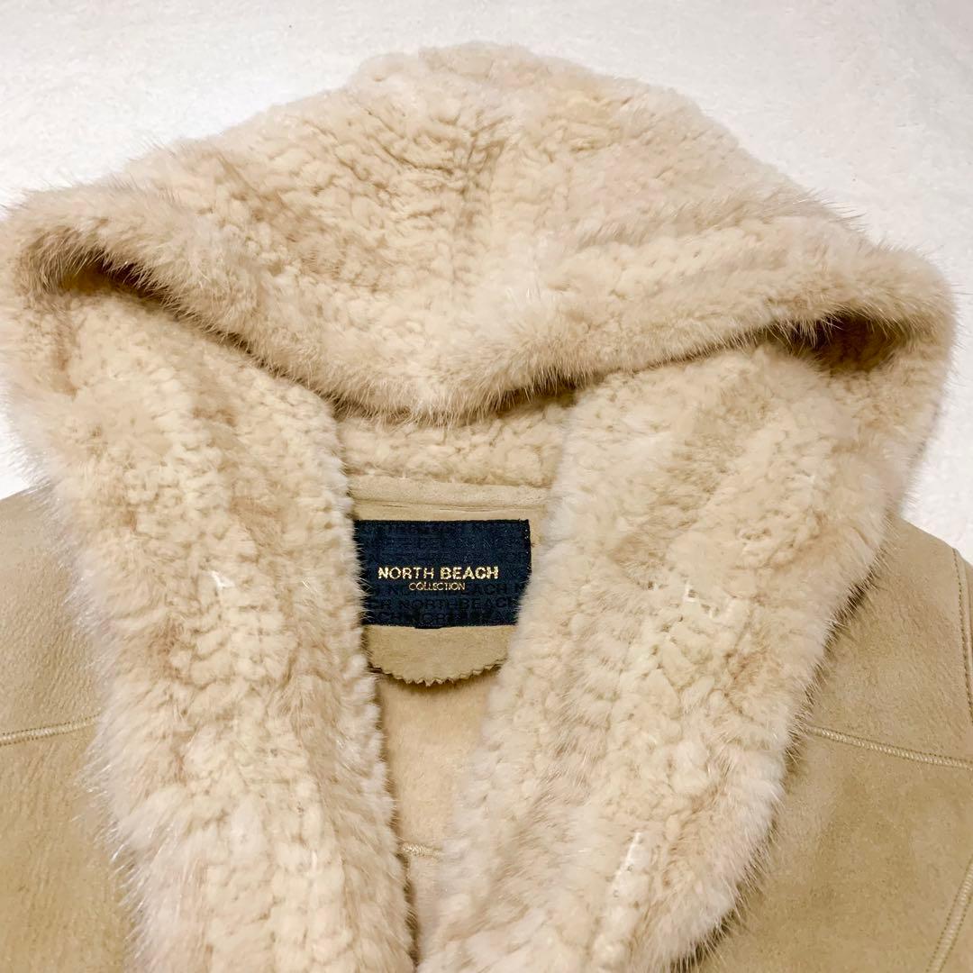 【美品】ノースビーチ リアルムートン ミンク毛皮 フーデッド　コート ベルト付き