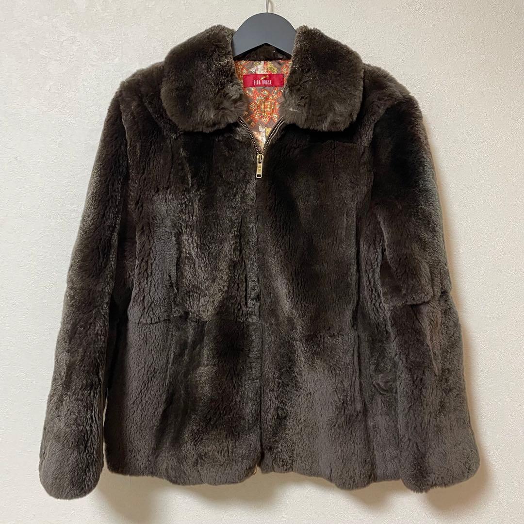 美品 ピンクハウス ファーコート レッキスファー ラビット 裏地総柄 ブラック