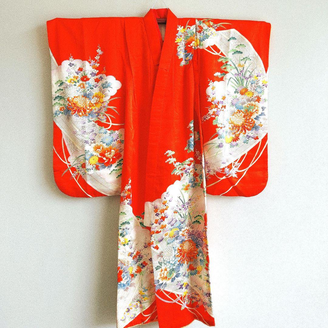 セット　七五三　7歳女の子　長着＆袋帯＆袖なし長襦袢＆小物　オレンジ地　菊金糸