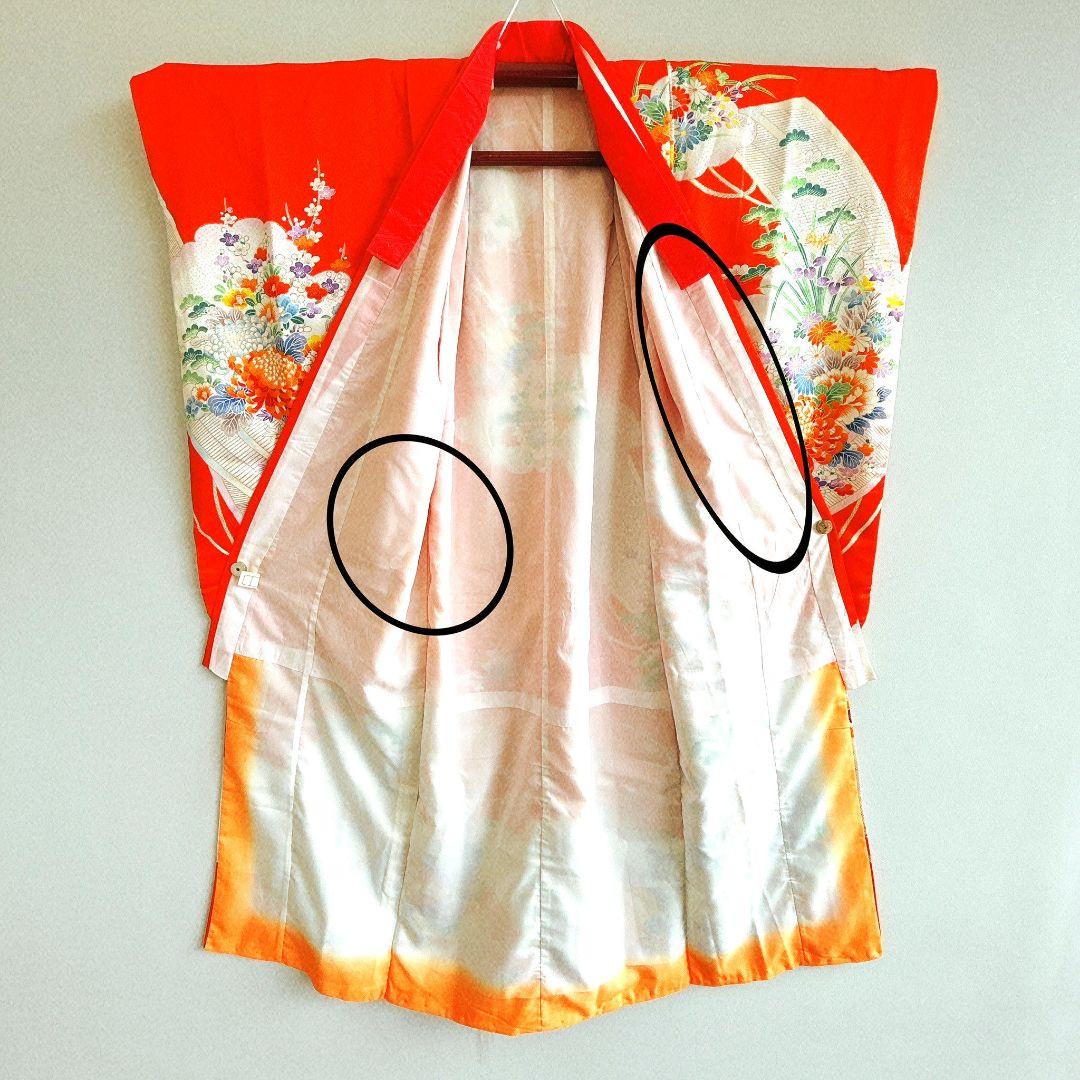 セット　七五三　7歳女の子　長着＆袋帯＆袖なし長襦袢＆小物　オレンジ地　菊金糸