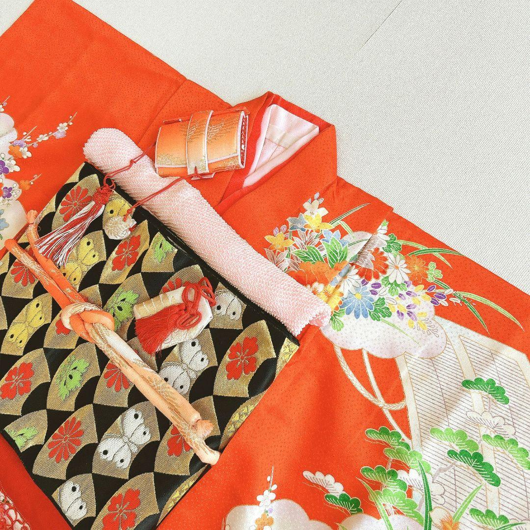 セット　七五三　7歳女の子　長着＆袋帯＆袖なし長襦袢＆小物　オレンジ地　菊金糸