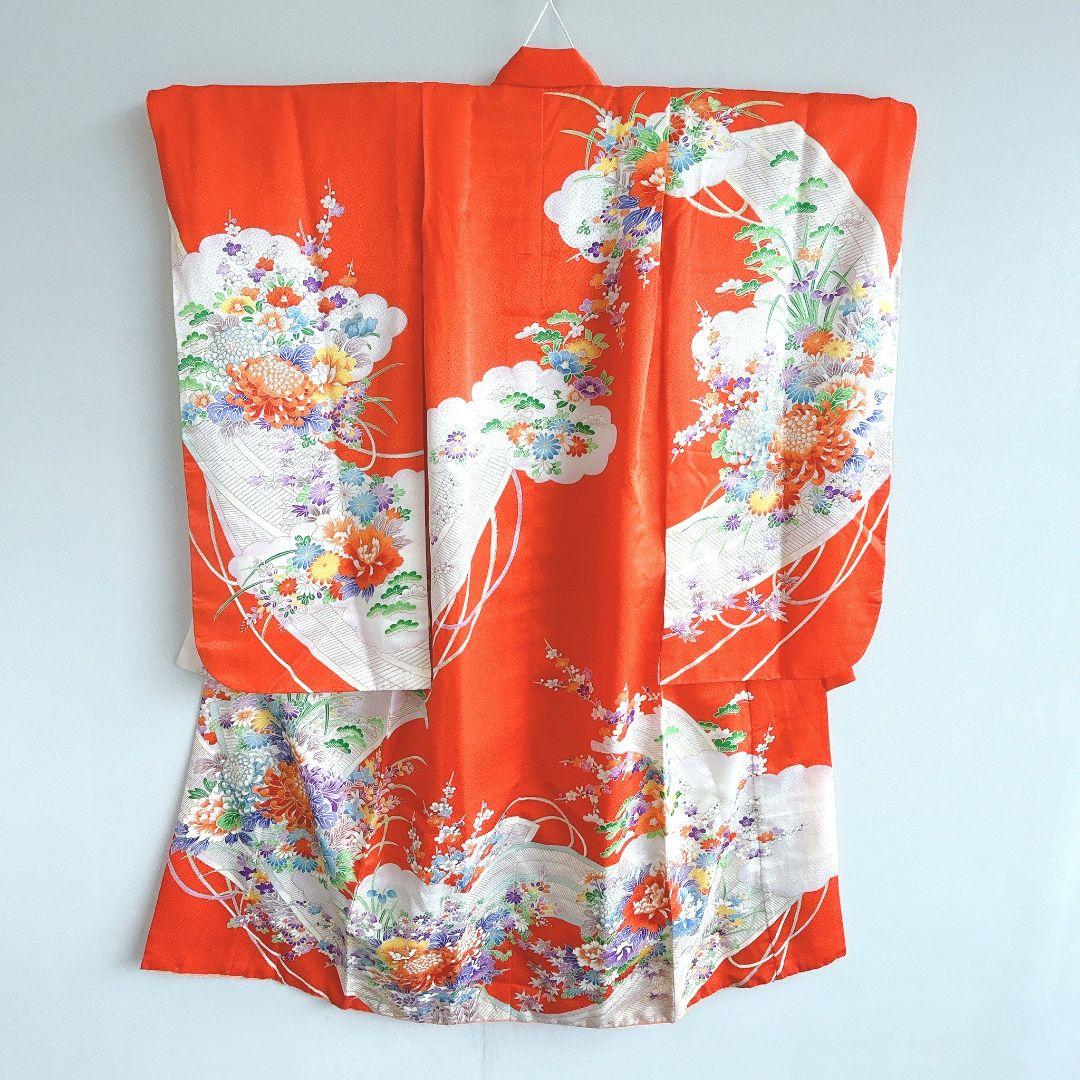セット　七五三　7歳女の子　長着＆袋帯＆袖なし長襦袢＆小物　オレンジ地　菊金糸