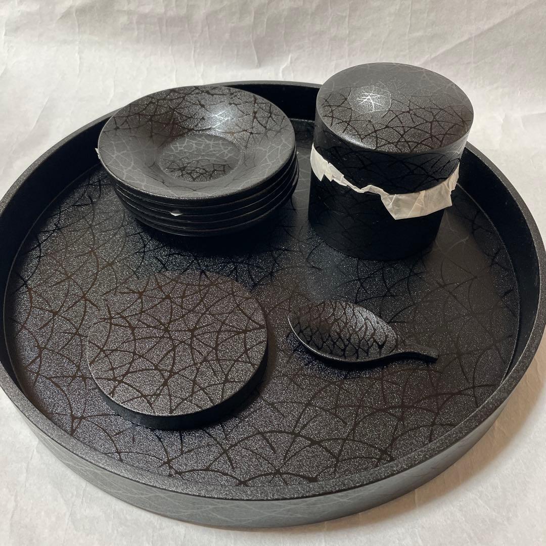 高級津軽塗り紋紗塗　木製茶櫃セット　ススキ模様