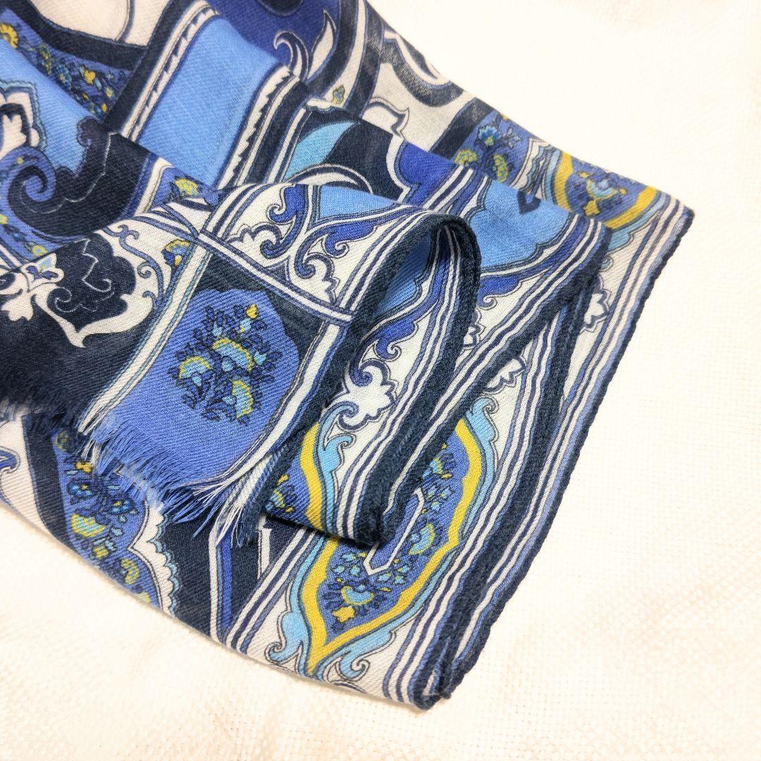 エトロETROカシミヤ100%ペイズリー柄フリンジストールマフラーブルーホワイト