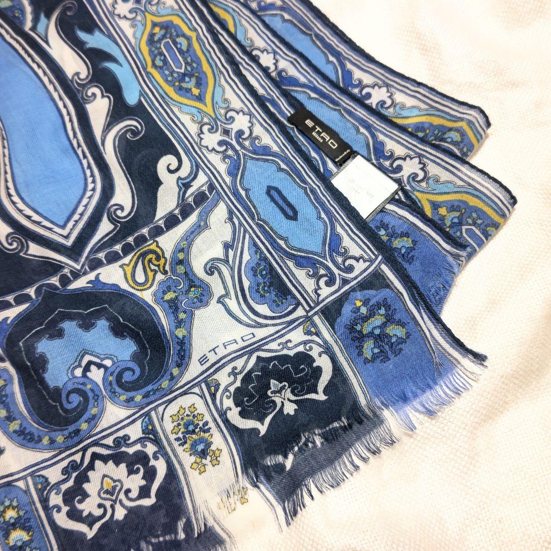 エトロETROカシミヤ100%ペイズリー柄フリンジストールマフラーブルーホワイト