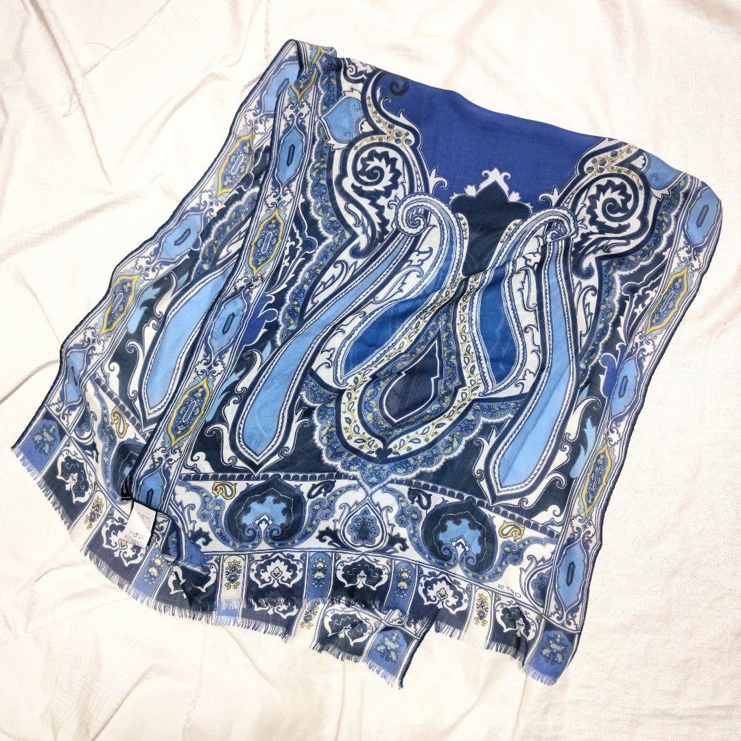 エトロETROカシミヤ100%ペイズリー柄フリンジストールマフラーブルーホワイト