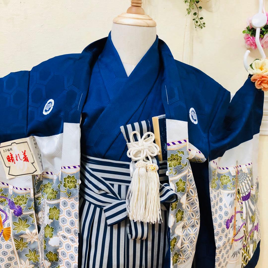 七五三 五歳‼️未使用タグ付着物×袴‼️ 紺地に鷹兜煌びやか‼️完全フルセット 銘品