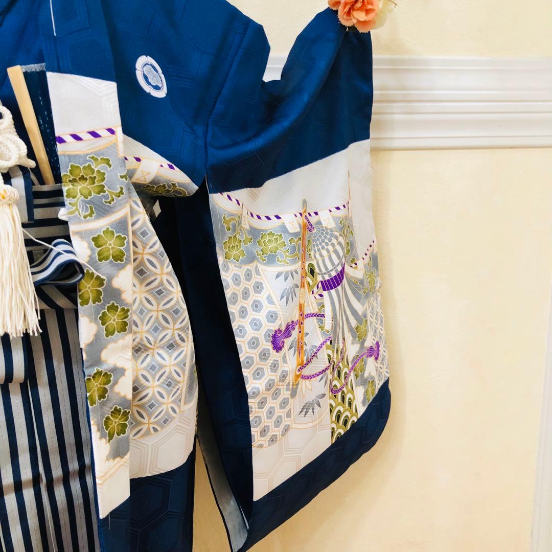 七五三 五歳‼️未使用タグ付着物×袴‼️ 紺地に鷹兜煌びやか‼️完全フルセット 銘品