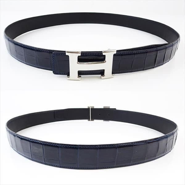 新品 ベルト クロコダイル ツヤ バックル用 Hベルト ネイビー 85～100