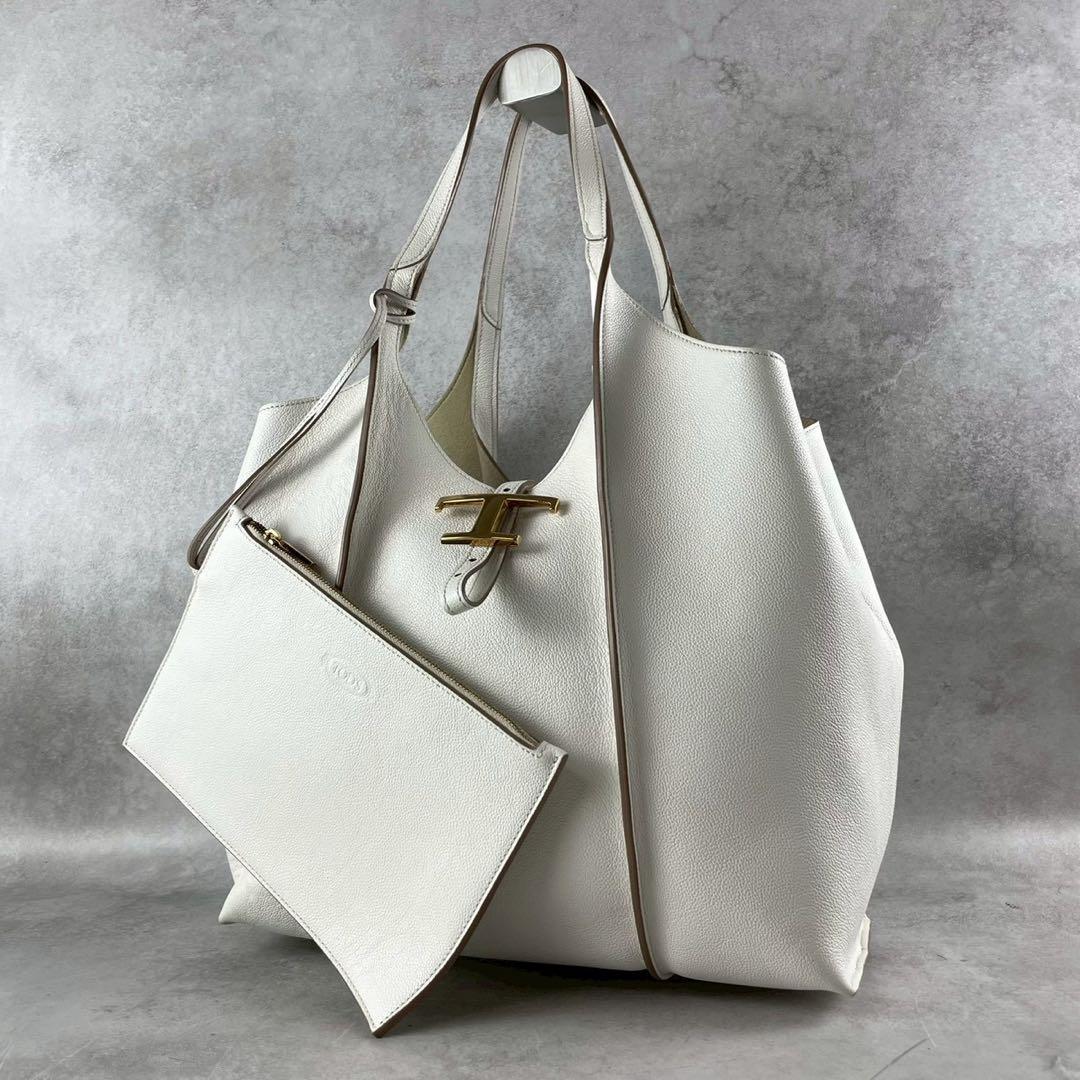 美品✨ TOD'S タイムレス トートバッグ ベージュ ポーチ付き　ホワイト