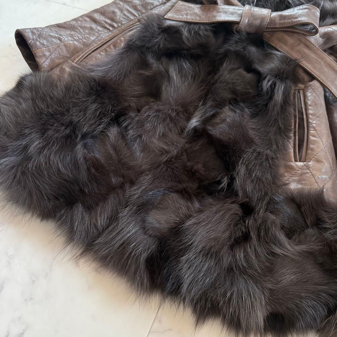 高級★ノワールリビエール フォックス毛皮 羊革 イタリアレザー ベルテッドコート