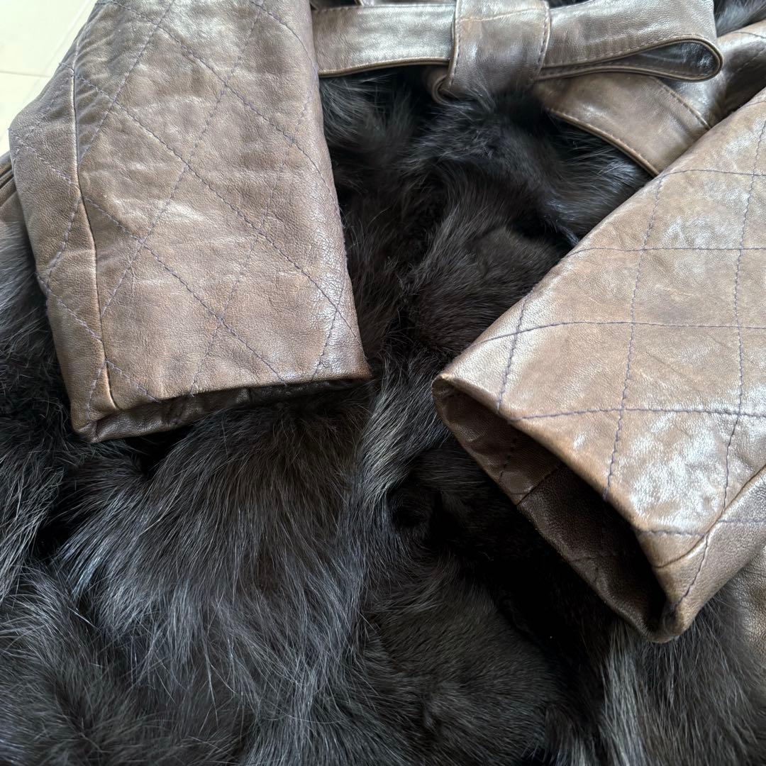 高級★ノワールリビエール フォックス毛皮 羊革 イタリアレザー ベルテッドコート