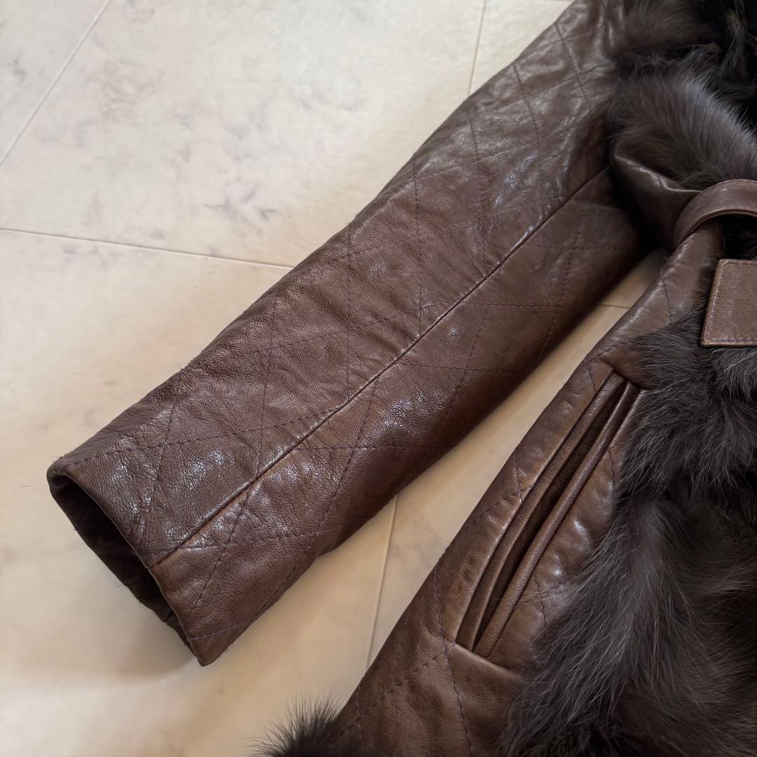 高級★ノワールリビエール フォックス毛皮 羊革 イタリアレザー ベルテッドコート