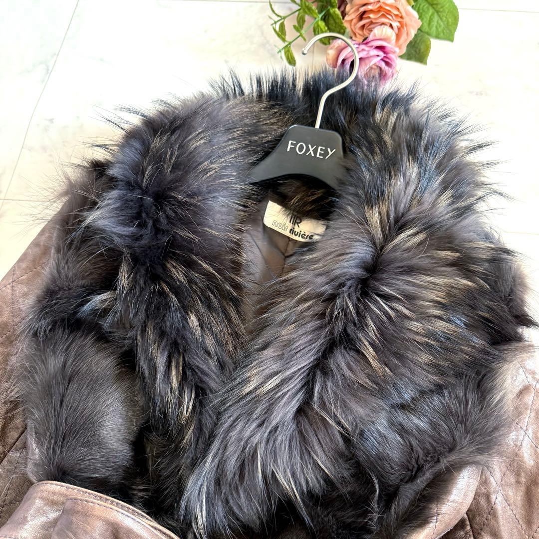 高級★ノワールリビエール フォックス毛皮 羊革 イタリアレザー ベルテッドコート