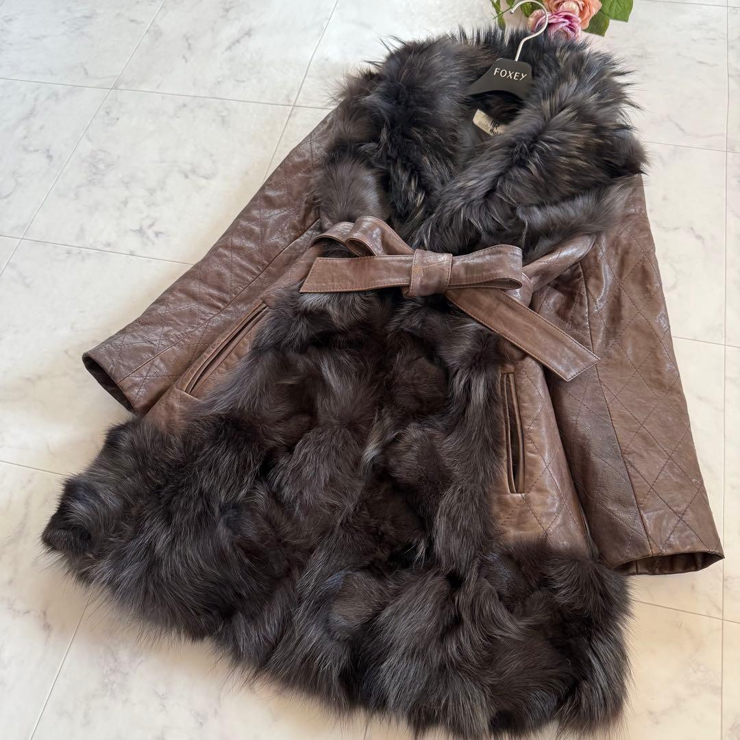 高級★ノワールリビエール フォックス毛皮 羊革 イタリアレザー ベルテッドコート