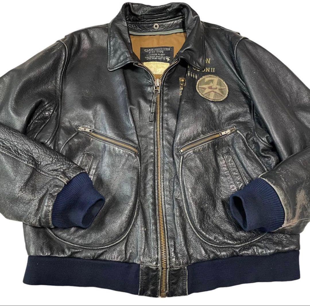 【vintage】B-37 本革リアルレザーフライトジャケット リブ切替 黒3L